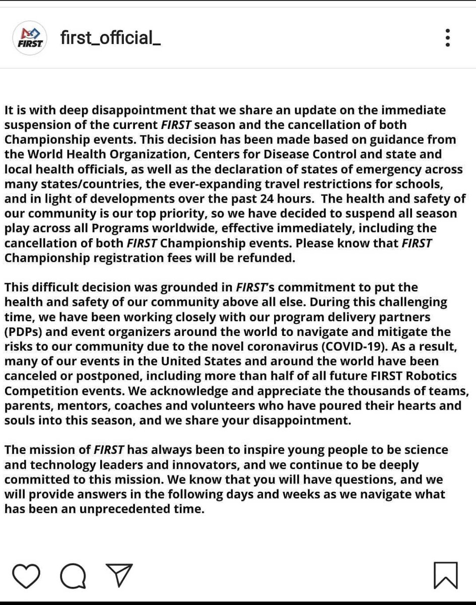 BWCnews's tweet photo. We are so disappointed for #FIRST teams who have put hours into their projects. Of course, health &amp; safety are priority &amp; we appreciate the tough decision by FIRST. To all our teams, know we are proud of your hard work &amp; you are always FIRST in our book! #omgrobots #BWFIRST https://t.co/APJvrZzAC4