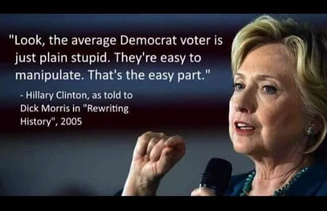 actlightning's tweet photo. #HillaTheHun Flashback: "Look, the average #Democrat voter is just plain stupid. They're easy to manipulate. That's the easy part."
#Millennials #UniteBlue #Democrats #DemocraticParty https://t.co/zugDzuL7eU