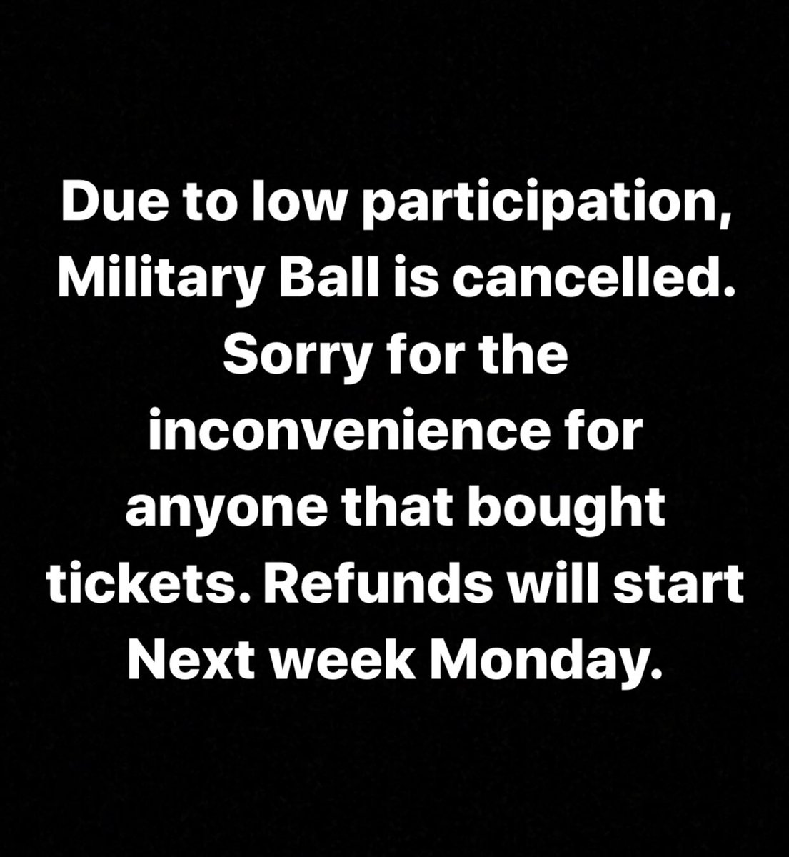 JrotcMca's tweet photo. Military Ball for this year has been cancelled due to low participation. Refunds for ticket sales will begin Monday, March 16th https://t.co/F8GVcDBld6
