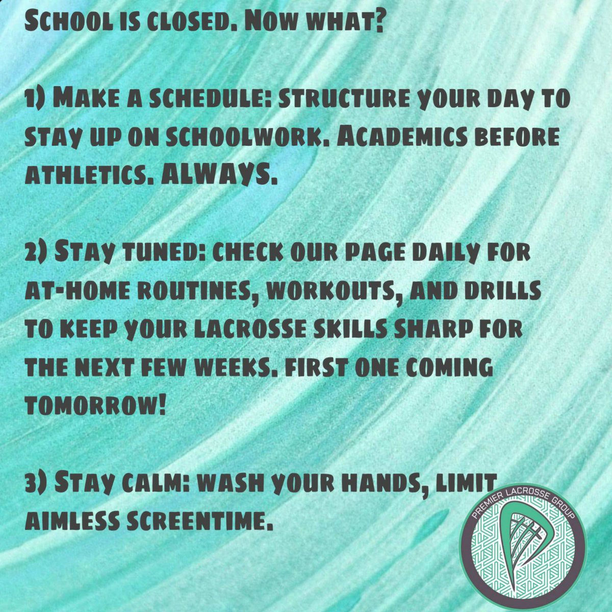 PremierLaxGroup's tweet photo. Wondering what you'll do until school resumes? Worry not - we're here to help. Check back daily for lacrosse training tips/drills to keep your body & mind active while at home. #thePLGdifference #covid19 #makelemonade #mentalhealthbreak #PLG2020 https://t.co/TyUatX1J06
