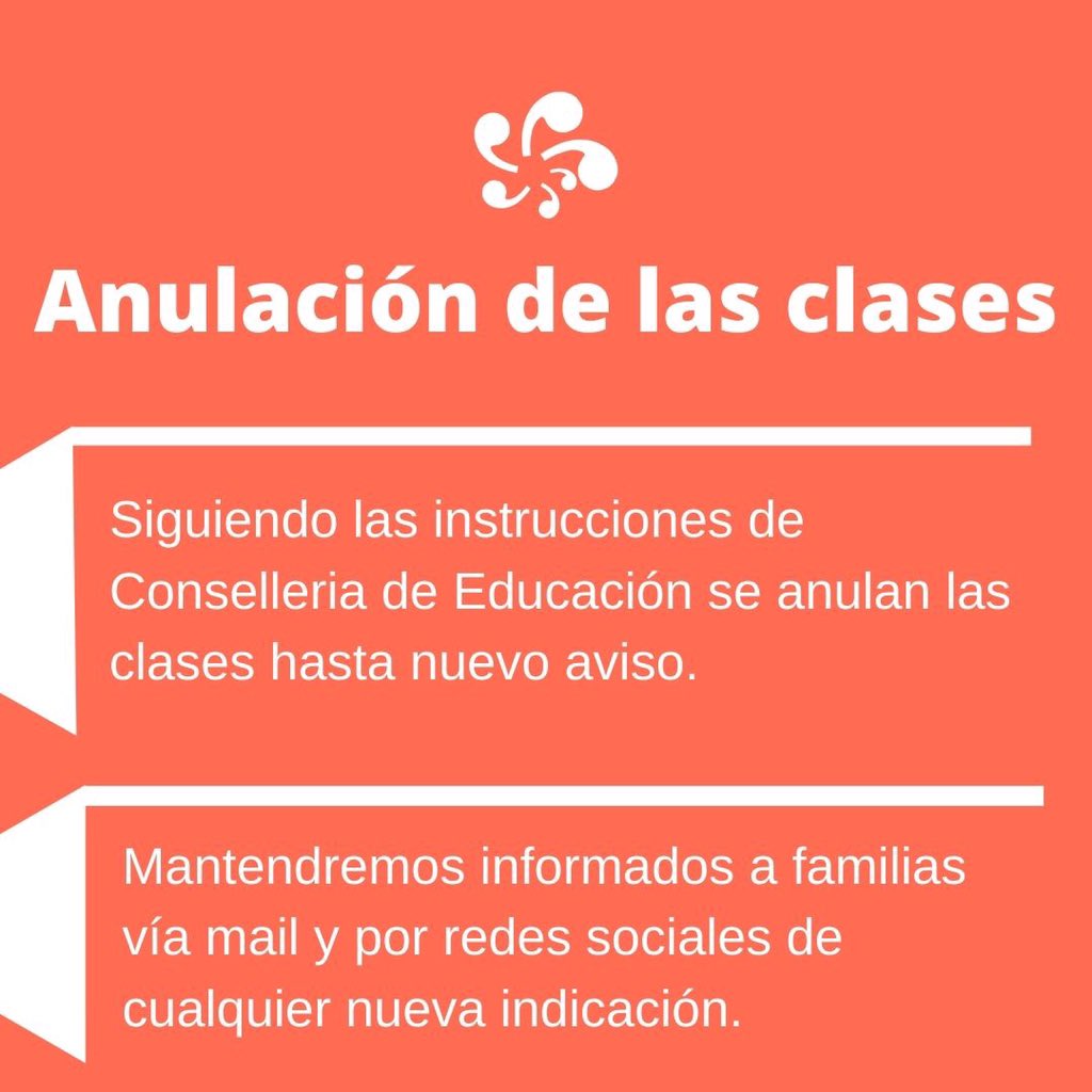 CamarenaValt's tweet photo. #ComunicadoInformativo
El Colegio Camarena Valterna suspende las clases presenciales según las pautas y recomendaciones de GVA Educació y el Ministerio de Sanidad.
🔷Retomaremos las clases de forma online a partir del 23 de marzo. #YoMeQuedoEnCasa https://t.co/RM0WwQ9P8F
