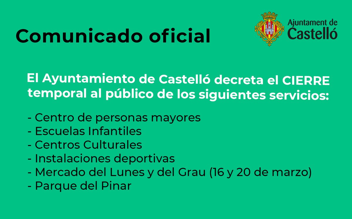 AjuntCastello's tweet photo. ⚫ COMUNICADO OFICIAL ⚫

ℹ Cierre temporal al público: 
- Centro de personas mayores 
- Escuelas Infantiles 
- Centros Culturales
- Instalaciones deportivas 
- Mercado del Lunes y del Grau  
- Parque del Pinar

 ℹ  Resto de instalaciones cerradas 👇🏼https://t.co/HOcwMQGoQw https://t.co/VBFn723nfo
