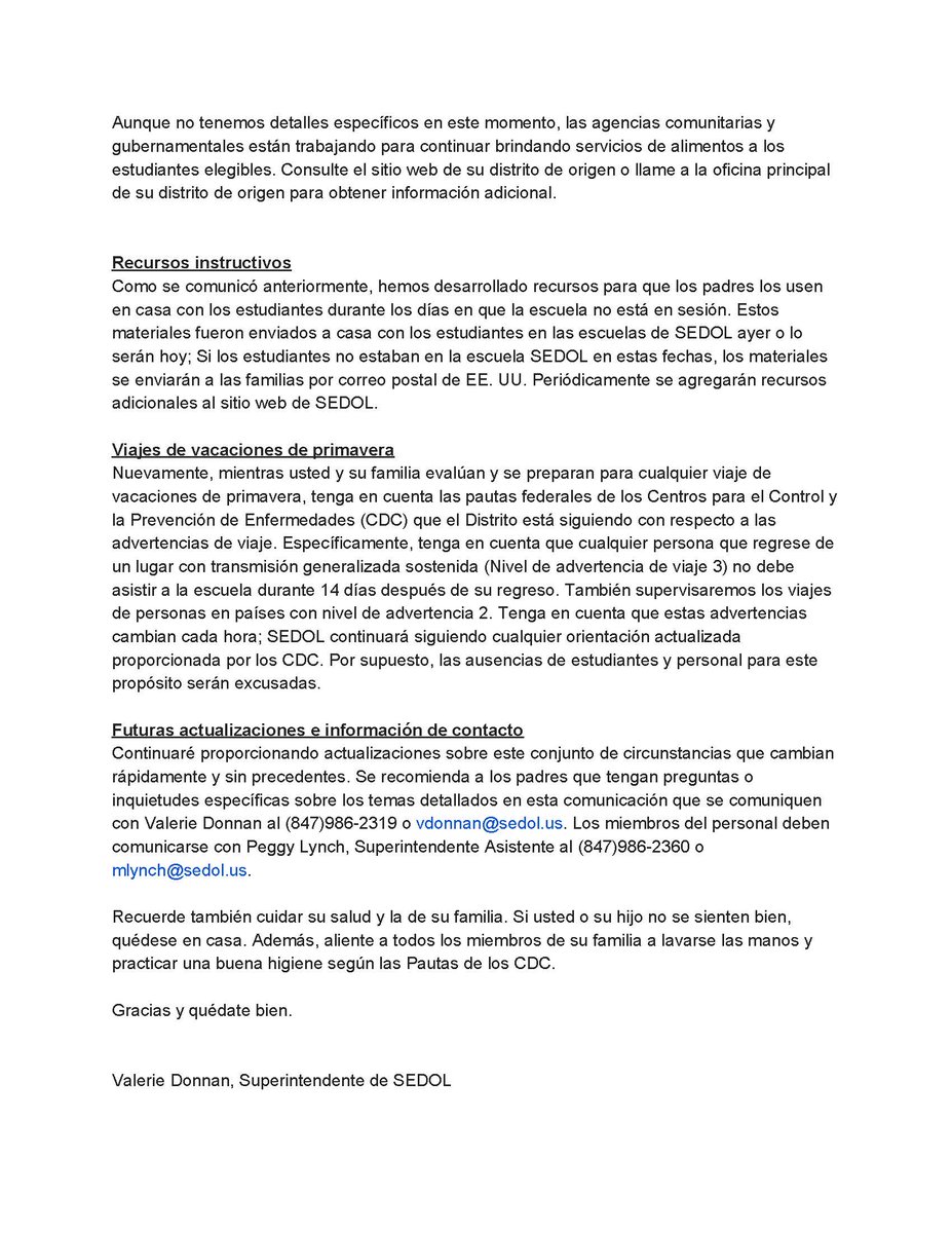 Anuncio muy importante para los padres y tutores de SEDOL. Por favor revise la información adjunta: