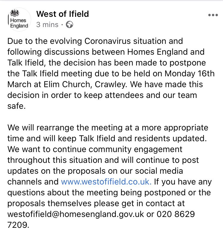 WestofIfield's tweet photo. Please see below our statement regarding the Talk Ifield meeting due to be held on Monday 16th March. https://t.co/VwYWGvXATZ