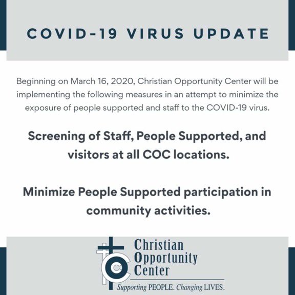 IowaCOC's tweet image. COC is committed to the health and safety of the people we support, our staff, and the communities we serve.  
With the spread of COVID-19, COC is intensifying efforts and implementing a comprehensive plan to keep everyone healthy while maintaining services.