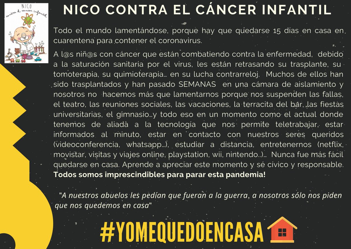 NICOContrCancer's tweet photo. #quedateencasa #yomequedoencasa #estadodealarma por #coronavirus #JuntosLoConseguiremos #NICOContraElCancerInfantil #InvestigarEsCurar https://t.co/bTY6S1lZoK