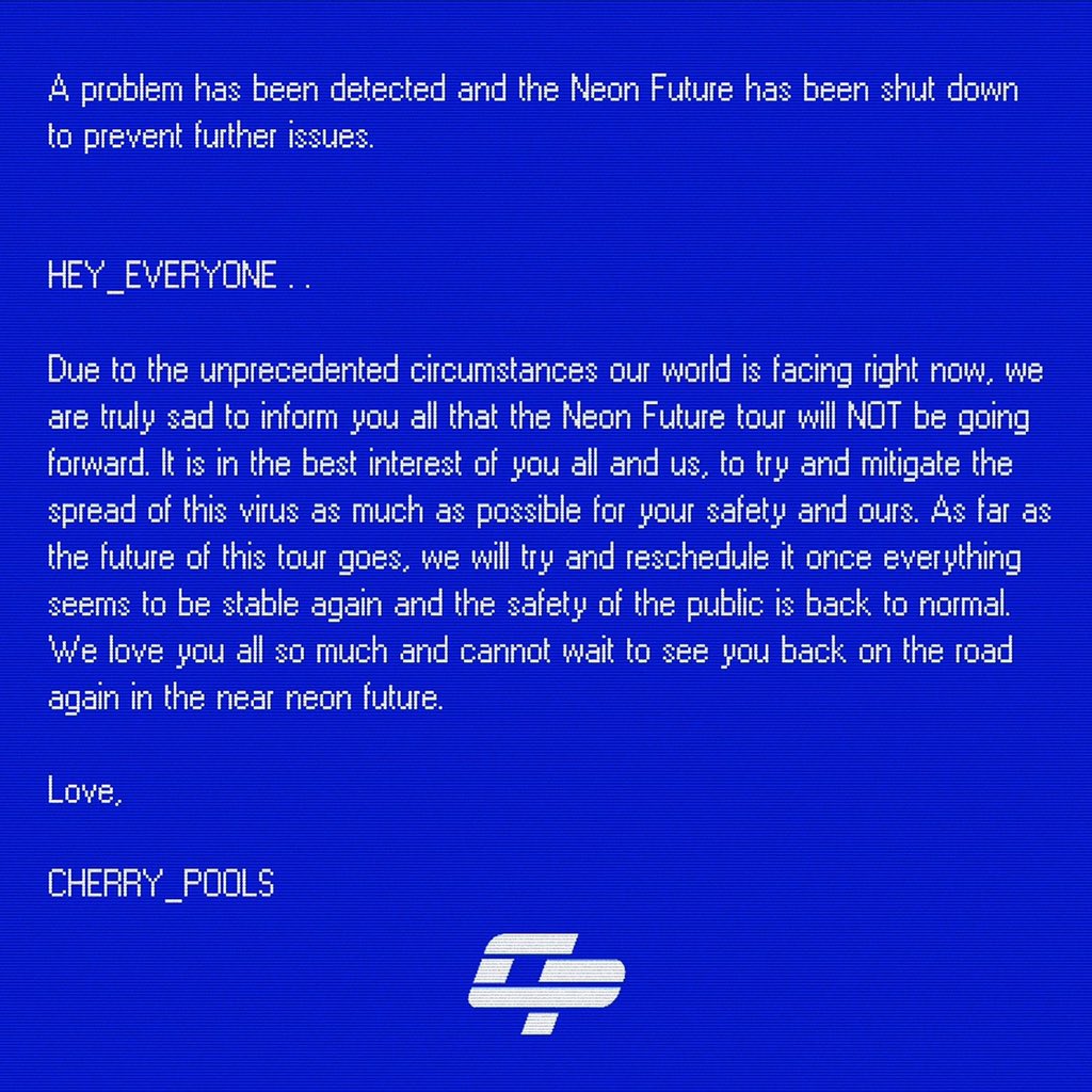 cherrypools's tweet image. We are currently working on rescheduling the tour. All tickets previously purchased will be honored with new dates. Refunds are available at point of purchase