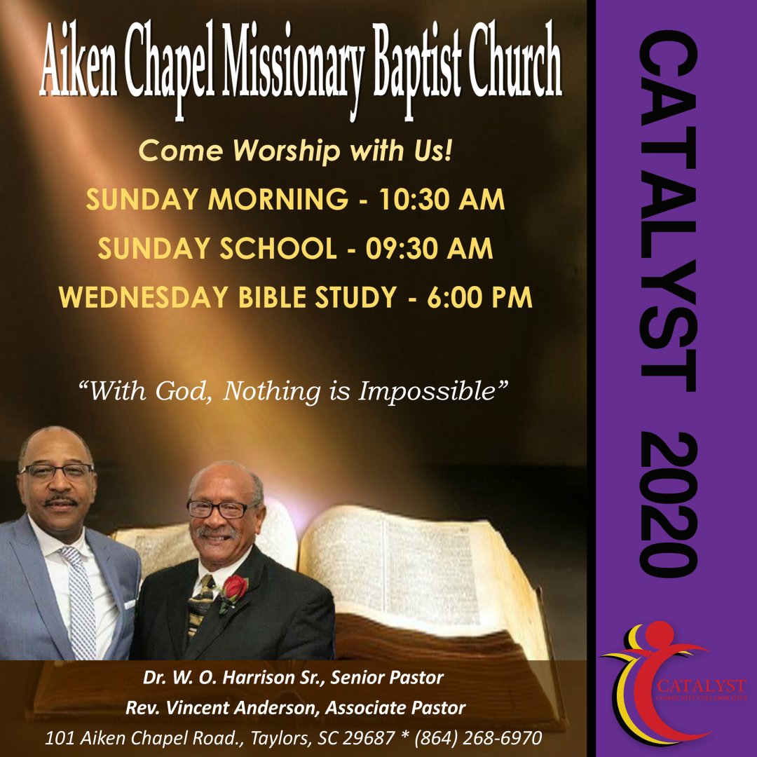 CatalystGroupSC's tweet photo. AIKEN CHAPEL MISSIONARY BAPTIST CHURCH
A church moving forward for the Kingdom! Senior Pastor Dr. W..O. Harrison Assistant Pastor Rev. Vincent A. Anderson
101 Aiken Chapel Rd
Taylors, South Carolina
 (864) 268-6970 https://t.co/4uEPuTo17o