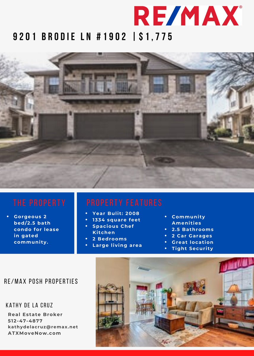 kathydelacruz's tweet photo. #JUSTLISTED #FORLEASE | Beautiful 2 bed/2.5 bath #condo in gated community. Features include: open family room, chef's kitchen, master ensuite, spacious backyard, community amenities, &amp; more! Contact me today to schedule a showing! 512.470.4877 @remax #leaselisting #rent #realtor https://t.co/264N9WUobU