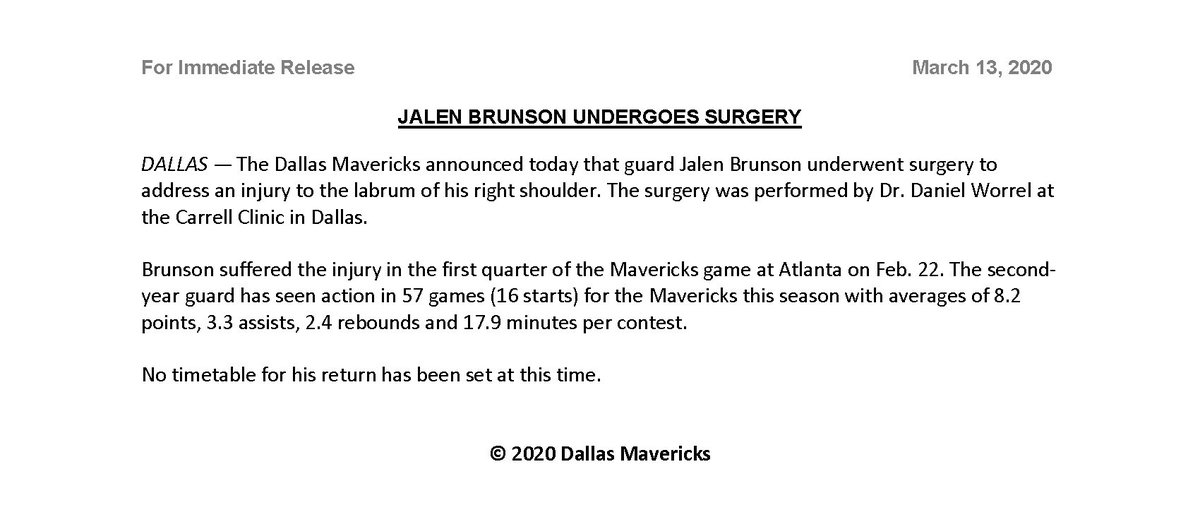 MavsPR's tweet photo. The Dallas Mavericks announced today that guard Jalen Brunson underwent surgery to address an injury to the labrum of his right shoulder.

No timetable for his return has been set at this time. https://t.co/eWdqCcRLPK