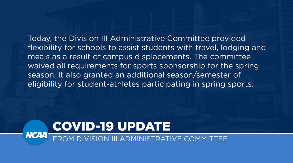 The NCAA Division III Administrative Committee has announced some direction and guidance for member schools, including granting an additional season/semester of eligibility ...
