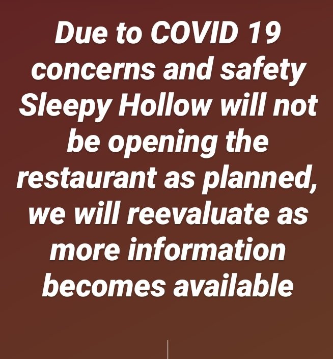 GolfSleepy's tweet photo. Due to COVID 19 concerns and safety Sleepy Hollow will not be opening the restaurant as planned, we will reevaluate as more information becomes available https://t.co/O7GwWzotao