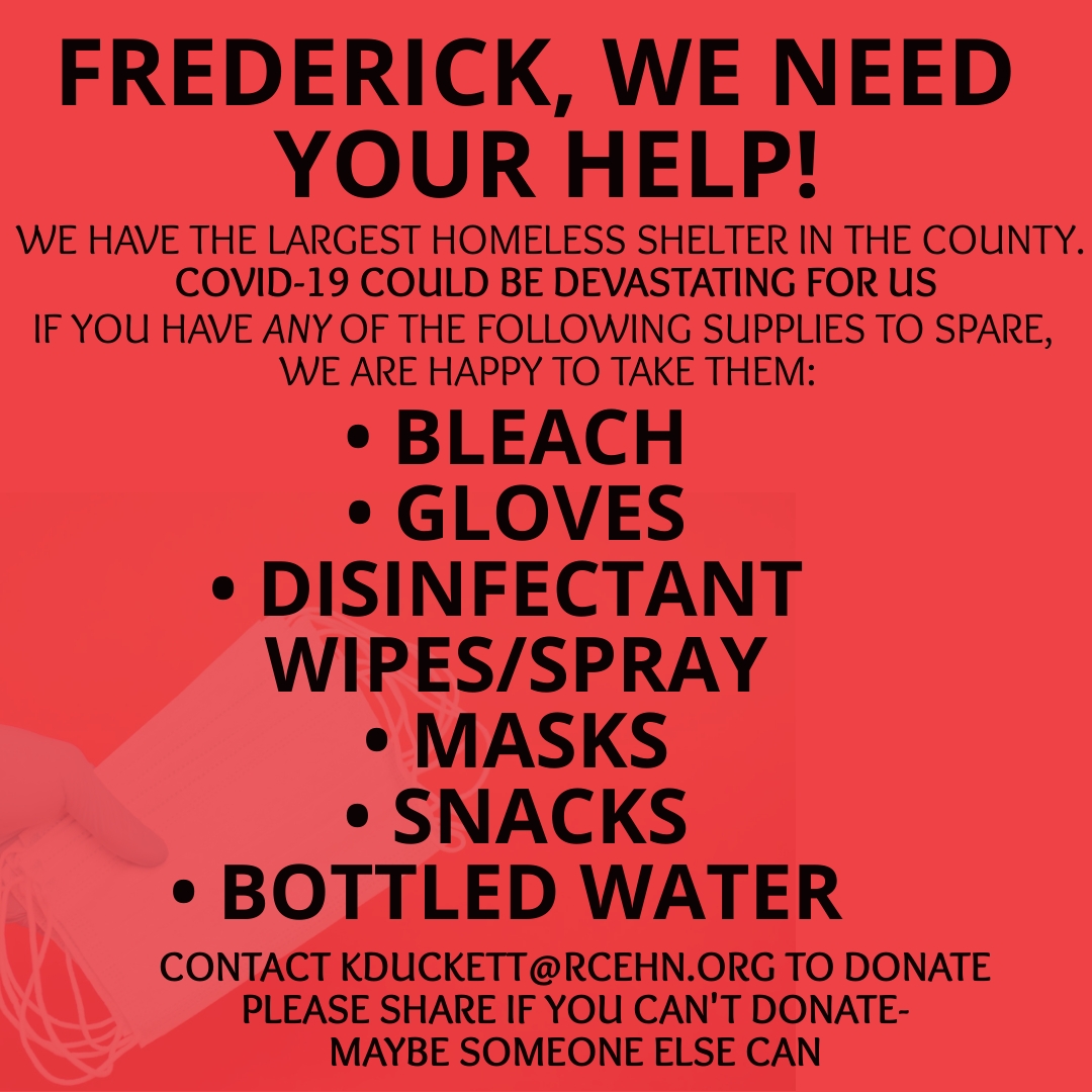 RCEHN's tweet photo. Our #urgentneeds in the possibility of a #CoronaVirus outbreak in #Frederick county. We operate the largest #homeless shelter and want to keep the most vulnerable protected. Please consider donating these items. 

27 DeGrange St, Frederick MD.

#Covid_19 #CoronaFrederick https://t.co/LC26upC6XH