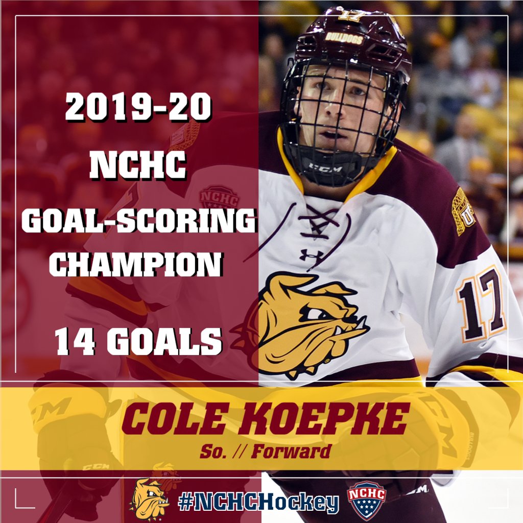 TheNCHC's tweet photo. The leading lamp-lighter in #NCHCHockey play was @UMDMensHockey's Cole Koepke with 1⃣4⃣ 🚨

#BulldogCountry https://t.co/ENStFakjde