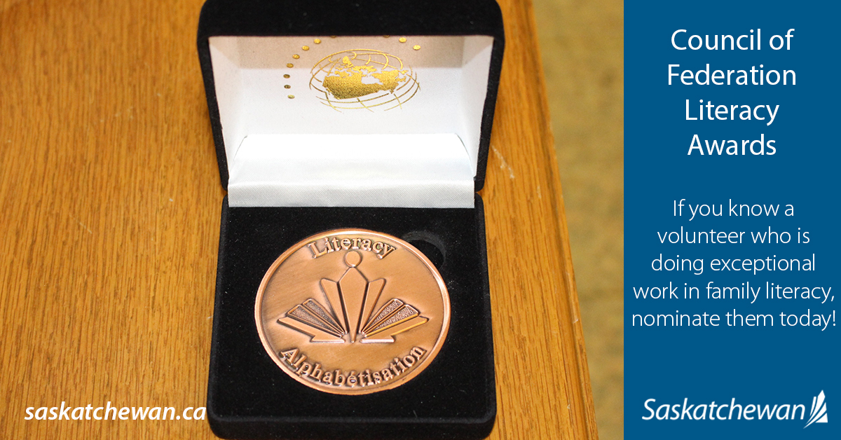 SKGov's tweet photo. Applications now being accepted for the 2020 Canada’s Premiers’ Council of the Federation Literacy Award. Deadline for submission is June 12, 2020. For more information on how to nominate an outstanding family literacy volunteer, go to: https://t.co/Ci5hfCOloo. #SaskEd #Sklibrary https://t.co/UHSQzy2Oq6