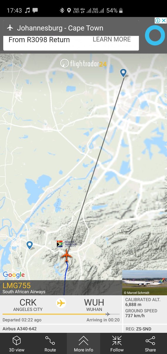 Only_Trail's tweet photo. Cool to see @flysaa 20min out from Wuhan to evacuate the South Africans.  #CoronaVirusSA #Covid_19 https://t.co/uNnWCVjc7n