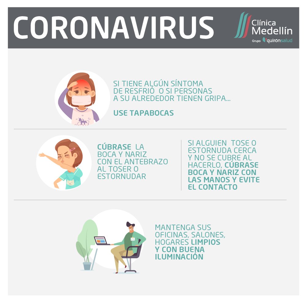 clinicamedellin's tweet photo. Para prevenir contagio de #CoronavirusEnColombia recuerde estas recomendaciones, además, procurar recurrir a la figura de #teletrabajo y evitar los lugares concurridos. https://t.co/Ghx4nJRwT2