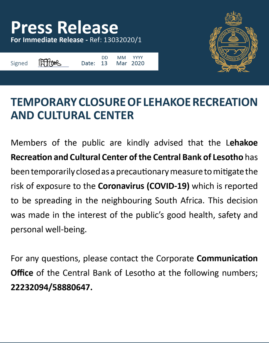 BankLesotho's tweet photo. Lehakoe temporarily closes its operations https://t.co/WzN3GY00zq