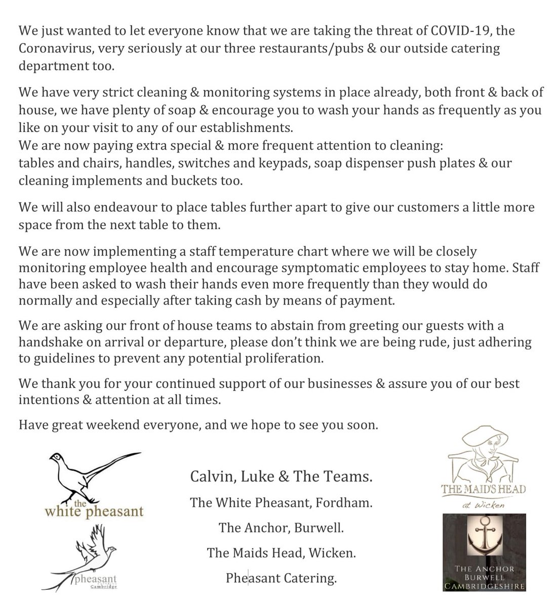 MaidsWicken's tweet photo. IMPORTANT STATEMENT re #coronavirus #COVID_19uk 
Please Read 🙏 https://t.co/nWUsToZcBx