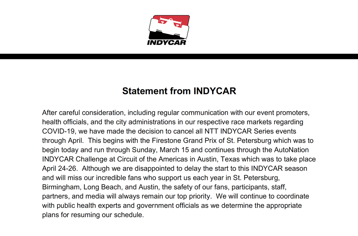 IndyCar's tweet photo. 2020 INDYCAR Season Update: https://t.co/YkaQ5HKvfX