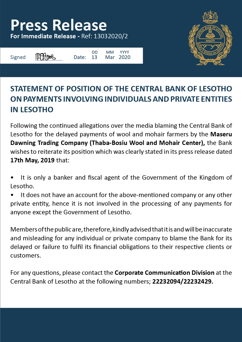 BankLesotho's tweet photo. Bank's position on delayed payments for wool and mohair farmers https://t.co/F2ZVuGkK92