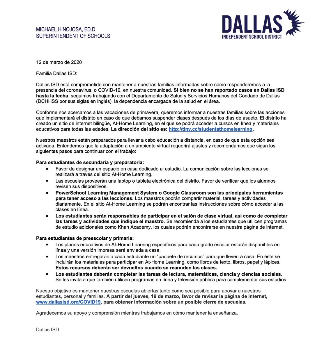 In the event that the coronavirus threat seriously escalates and schools or the district can not reopen, Dallas ISD is prepared to initiate at-home learning if necessary after spring break.