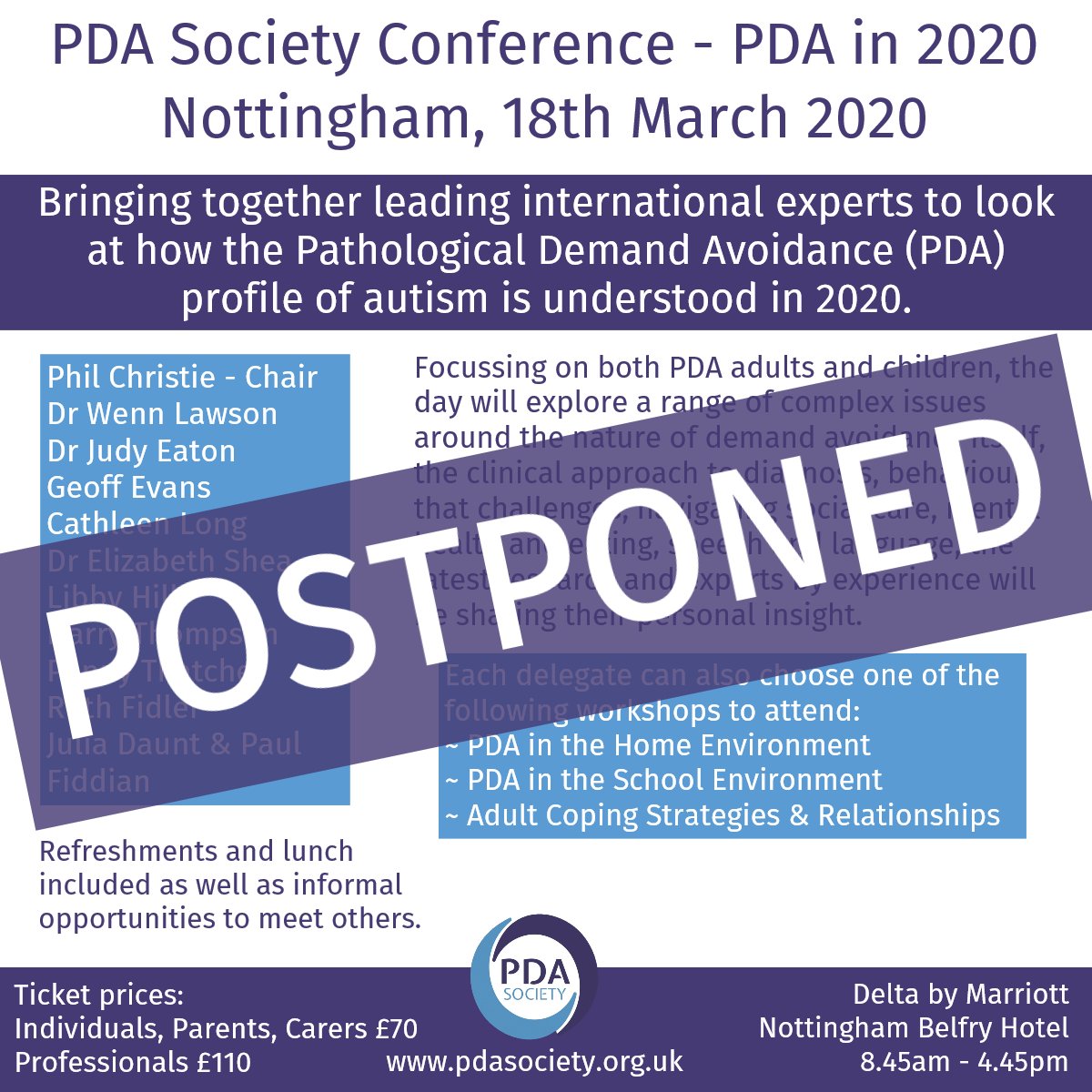 PDASociety's tweet photo. With great regret we’ve decided to postpone our conference next week. Although the UK Government decided not to restrict public gatherings yesterday, we feel it’s prudent given the increased spread of Coronavirus and the vulnerability of our audience.
More>https://t.co/Ww8Rm1Ksyf https://t.co/LRj7XvQvO7