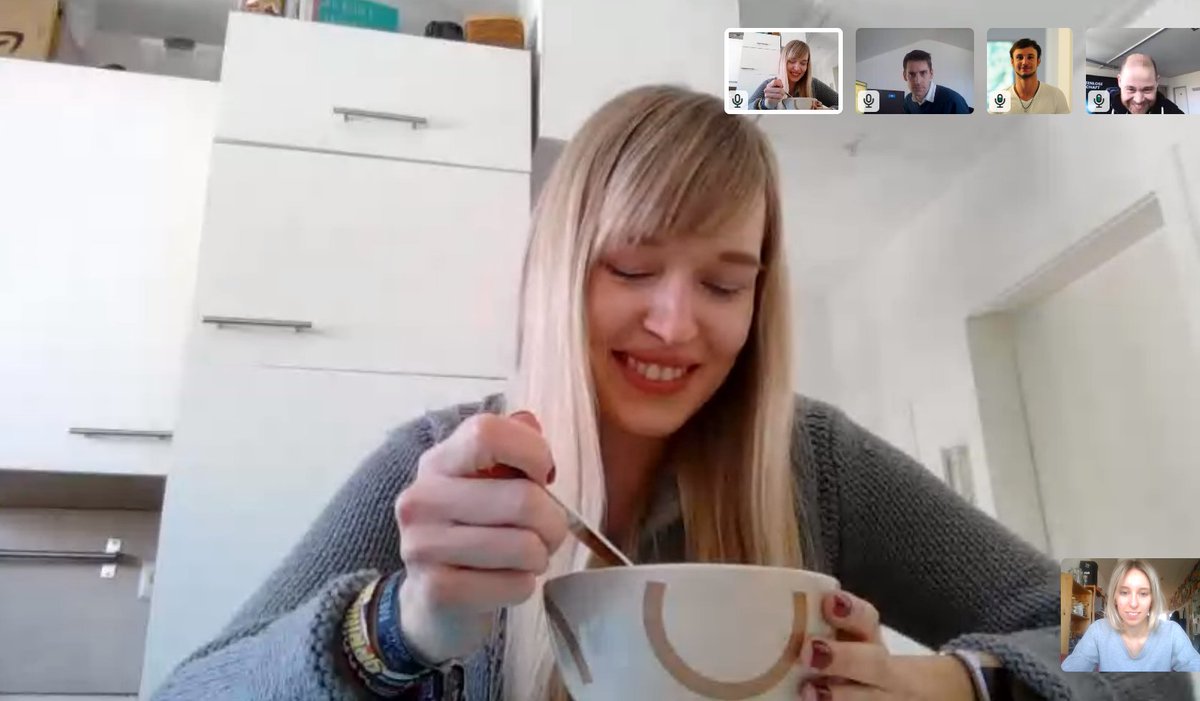 andersundsehr's tweet photo. Zur Verlangsamung der #Corona-Ausbreitung arbeiten wir seit heute im #HomeOffice – auf die gemeinsame Mittagspause🍝 verzichten wir aber nicht! 😊 Nur an’s Essen vor der Kamera und verpixelte Video Calls müssen wir uns noch gewöhnen 😅 #SwitchToRemote #RemoteWork #FlattenTheCurve https://t.co/l6j5bnsvxz