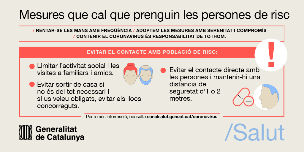 salutcat's tweet photo. 🆕🔊 Noves recomanacions per a grups de risc 👴👵

🔹 Protegiu-vos del 🦠 #coronavirus: sempre que pugueu, quedeu-vos a casa 🏡
🔹 Limiteu la vostra activitat social i les visites a familiars i amics ⛔️

🔗 https://t.co/NS41dWDi9O https://t.co/YUU1zbOlzv