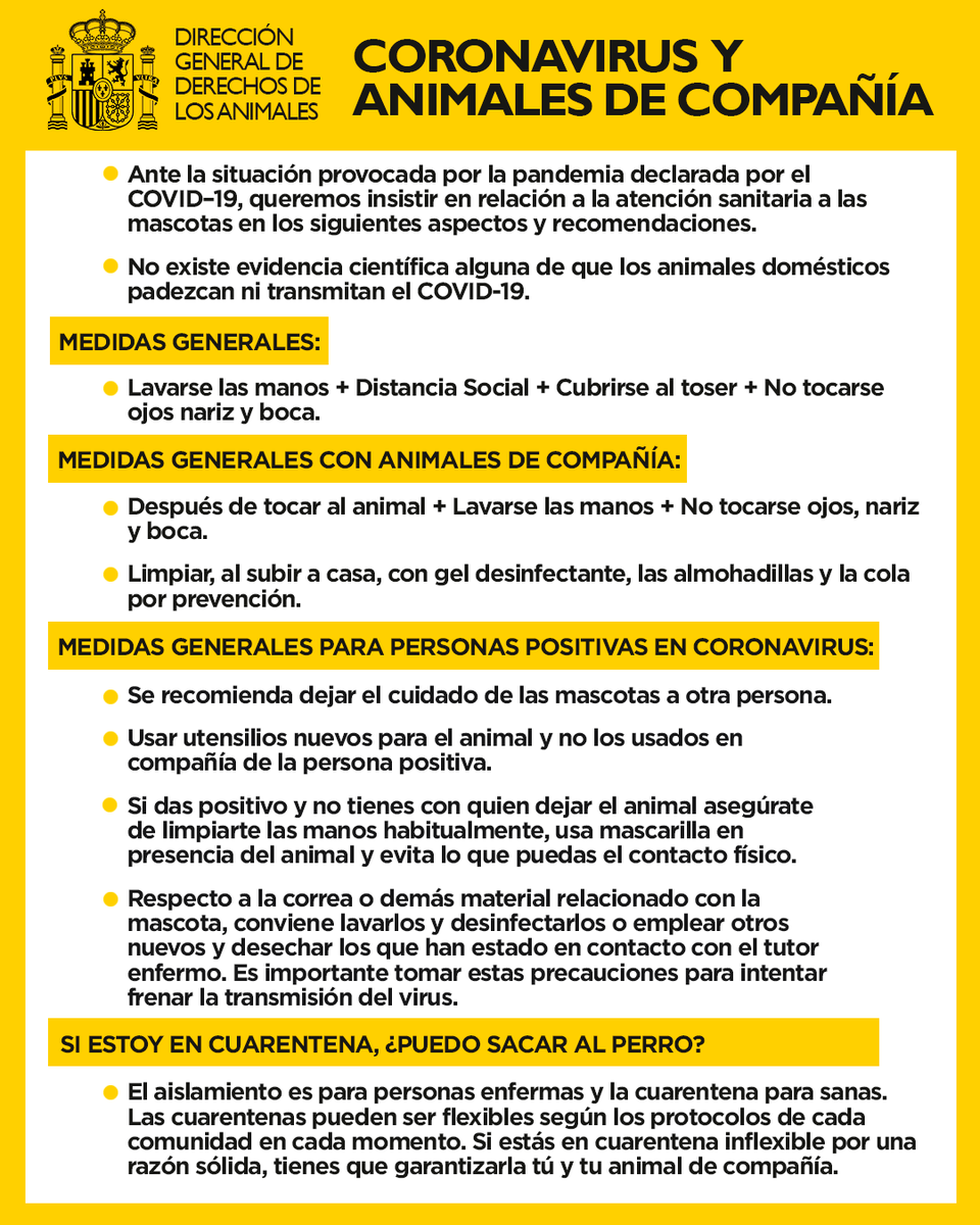 ‼️ No existe evidencia científica alguna de que los animales domésticos padezcan ni transmitan el #Covid_19. 

👉 En ese sentido, se proponen las siguientes pautas de actuación en relación a la atención sanitaria a las mascotas.