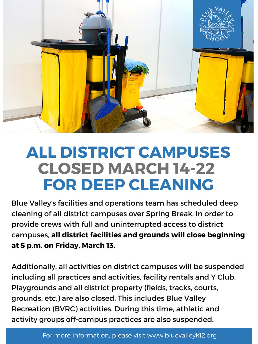 Health &amp; safety of students/staff/families/community is of utmost importance. All BV campuses &amp; grounds will be closed March 14-22 for deep cleaning of all district campuses over Spring Break. All district facilities &amp; grounds will close starting 5pm 3/13 bluevalleyk12.org
