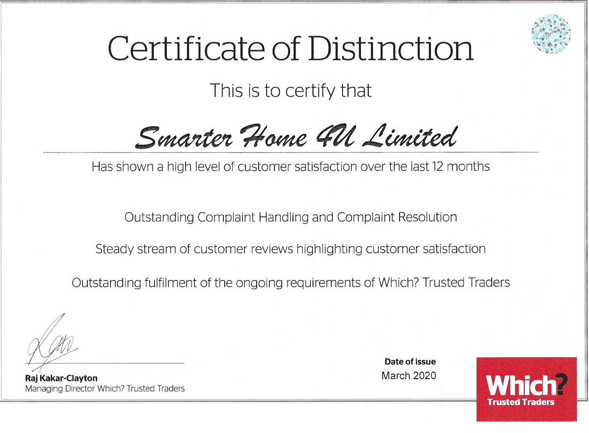 SmarterHome4u's tweet photo. Look what's come in the post!  Smarter Home 4U goes that extra mile to ensure we provide excellent customer service.  This Certificate of Distinction is only given to @WhichTraders best performing traders and we're proud to be one of them 👷

#WTTCOD https://t.co/dD1XLEPbpi