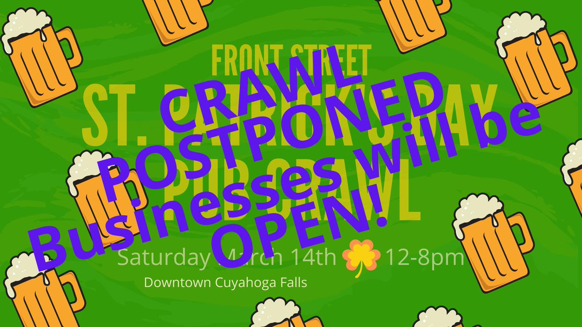 Please note the St. Patrick's Day Pub Crawl has been postponed until further notice. We will still be open this weekend. As with our employees; we ask that if you feel sick to please stay home. We will continue to monitor the situation. #BOTR #pubcrawl #frontstreet