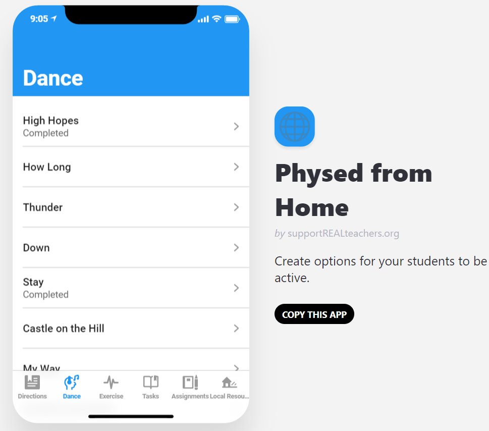 supportREALtchr's tweet photo. Create your own "Physed from Home" app so that your students can still be active and working towards standards. This one has choices for students and auto-adds points. Free to copy/modify.

Example: https://t.co/bRJF0N9PJN

Sheet: https://t.co/24fIUDlqq5

#pegeeks #physed https://t.co/w5CBXIwI8Q