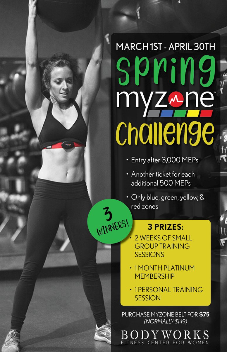 BodyworksWoburn's tweet photo. SPRING MYZONE CHALLENGERS! How many MEPs have you earned??
.
Are you IN IT to WIN IT?
🏆3 WINNERS = 3 PRIZES! 🏆
• 2 WEEKS OF SMALL GROUP TRAINING SESSIONS
• 1 MONTH PLATINUM MEMBERSHIP 
• 1 PERSONAL TRAINING SESSION
.
#bodyworks #bodyworkswoburn #myzone #myzonechallenge https://t.co/T8qThCskuR