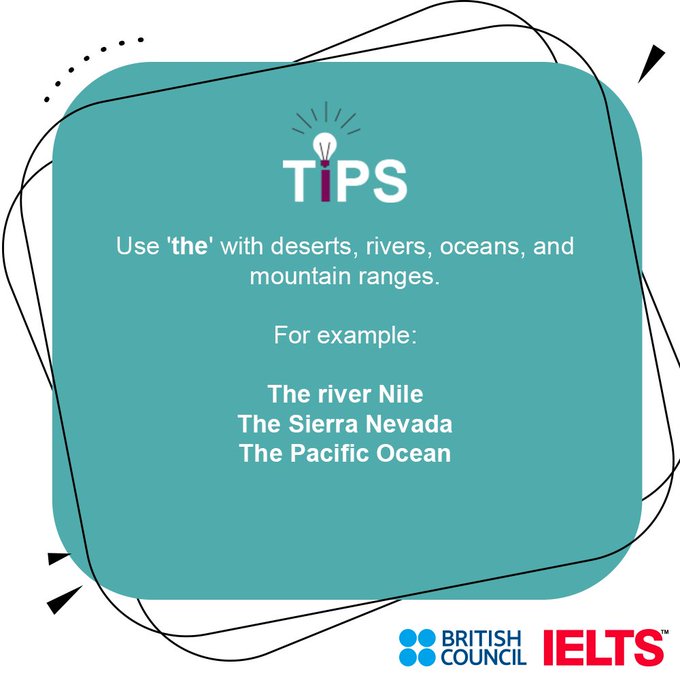 clBritish's tweet photo. Read this tip on when to use, or when not to use, the definite article 'the' with geographic places.
Now use 'the', as in the tip, in a sentence and write is as a comment below.
#IELTS #ExpertsTip #WeCreateOpportunities https://t.co/7AMpMnXnRL