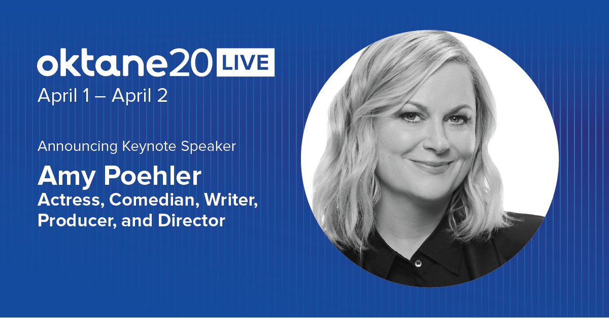 Announcing actress, writer, executive producer + best-selling author, Amy Poehler, as the final keynote speaker for our virtual conference, #Oktane20 Live! Register for free here: bit.ly/oktane20live