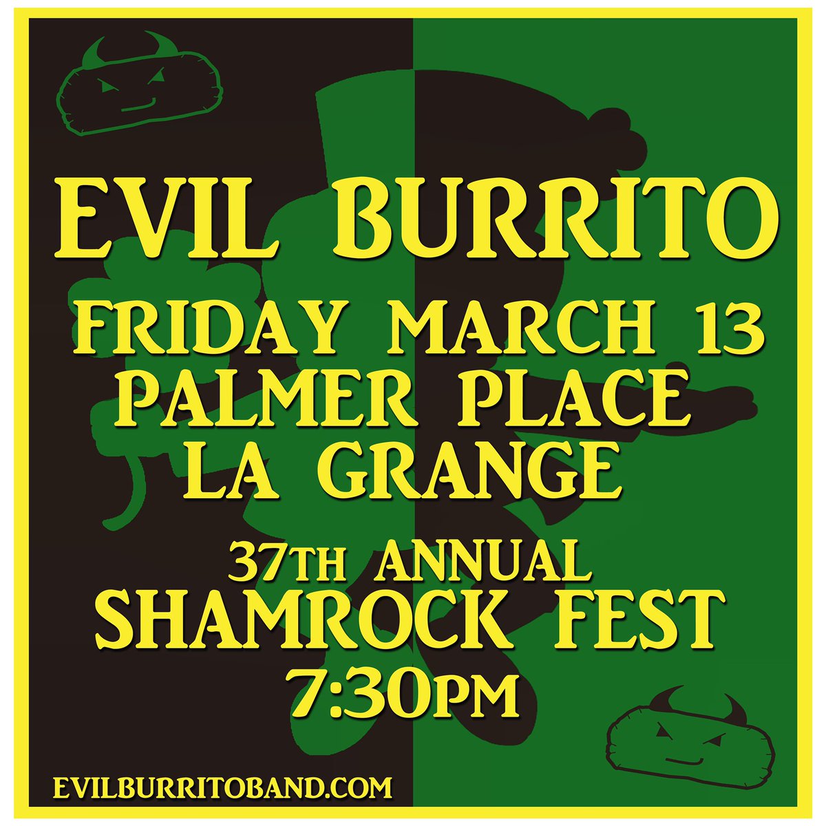 TONIGHT we’re at <a href="/PalmerPlace/">Palmer Place</a> in La Grange, IL for #ShamrockFest! The party kicks off at 5pm with <a href="/shannonrovers/">Shannon Rovers Irish Pipe Band</a>, we follow at 7:30pm. All ages, no cover - directions &amp; info at evilburritoband.com/shows#ErinGoBu… #evilburrito #StPatricksDay #lagrangeil #chirish