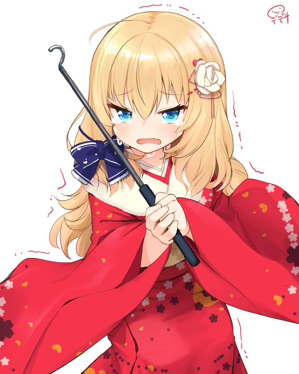 1girl solo blonde hair japanese clothes kimono red kimono long hair  illustration images