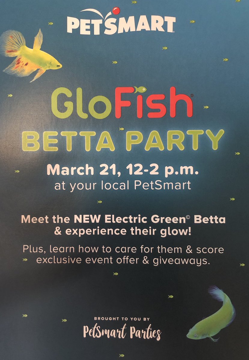 🚨Attention pet parents🚨March 21st from 12-2pm we will be hosting the GLOFISH BETTA PARTY 🎊 in this event you will learn how to properly care for a glofish betta! Join us for this exciting event! #bettaparty #fortheloveofbettas ⁦<a href="/CraigZ_petm/">Craig Zschiesche</a>⁩ ⁦<a href="/PetSmart/">PetSmart</a>⁩
