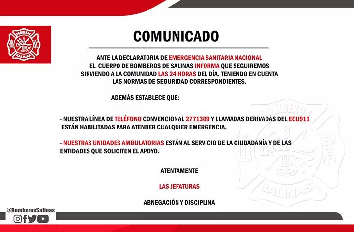 BOMBEROSSALINAS's tweet photo. #CBSInforma
#ComunicadoOficial | Ante la declaratoria de #EmergenciaSanitaria el Cuerpo de #BomberosSalinas establece medidas de apoyo a la comunidad.
#AbnegacionYDisciplina https://t.co/Sww7dTNHFP