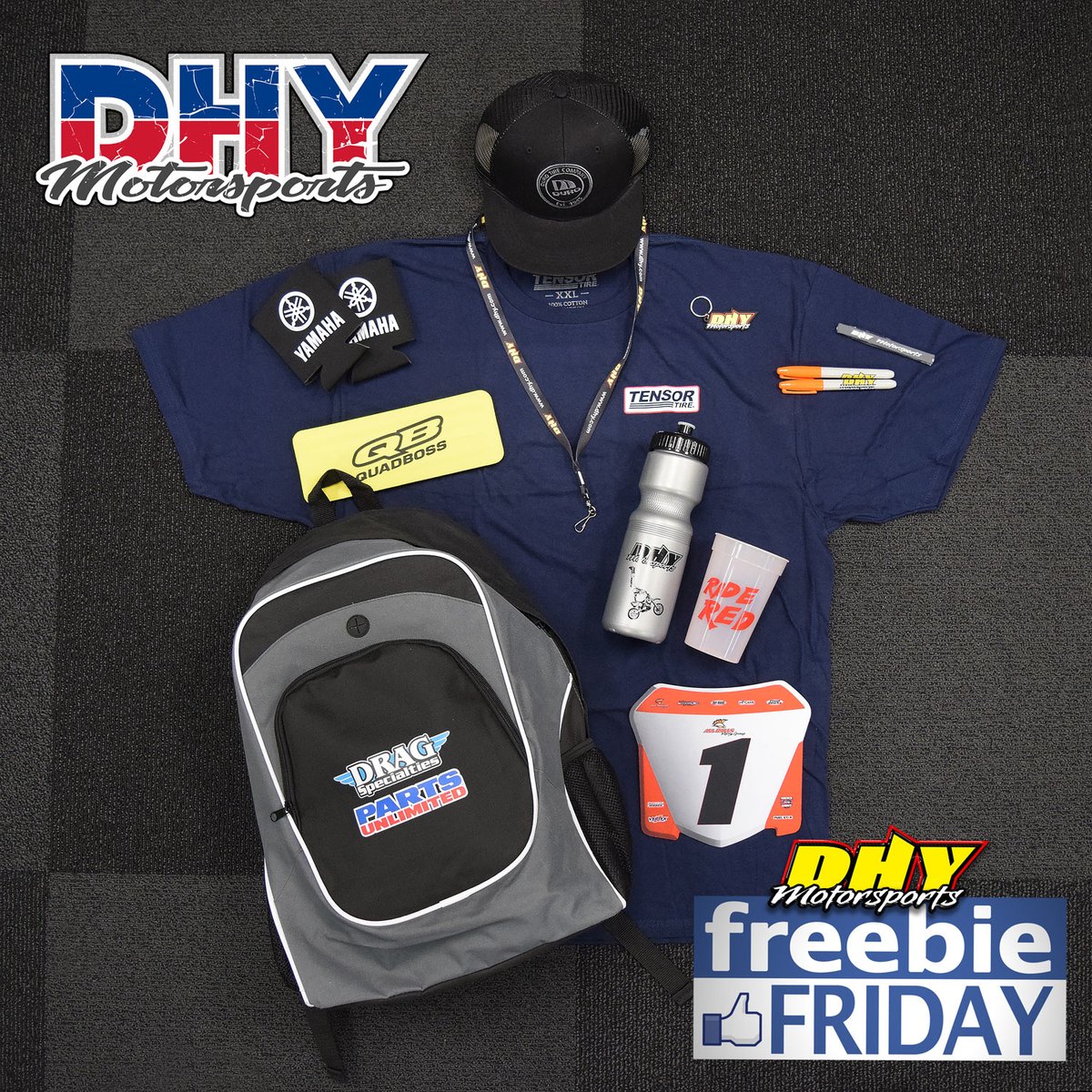 #FreebieFriday lucky #Fridaythe13th edition! We're featuring a #TenorTires tee, #Duro tires hat, #QuadBoss and #Yamaha koozies,  #AllBalls racing group mouse pad, #PartsUnlimited backpack and the #DHYMotorsports #SwagBag including tee (not shown).  Make this your lucky day!