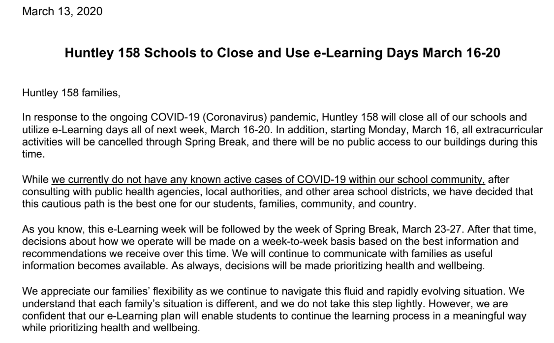 Dist158's tweet photo. In response to the COVID-19 (Coronavirus) pandemic, we will close all of our schools and use e-Learning days all next week, March 16-20. Starting March 16, all extracurricular activities will be cancelled through Spring Break. There will be no public access to our buildings. https://t.co/NjcK9bTOLq