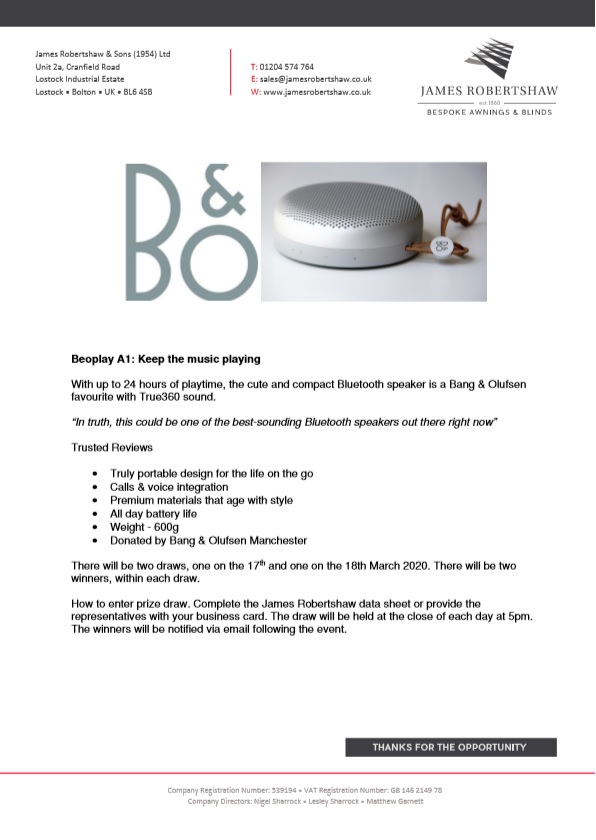 JRBlinds's tweet photo. Visit JR at the forthcoming NRB event next week. Experience fab awning, retractable roof, &amp; covering products for the specific needs of operators within hospitality sector. Have a chance to win some amazing B&amp;O gear... Visit stand 71. 
@NRBManchester @BBSANews @BNITIGERS https://t.co/RYl3sL6bT7