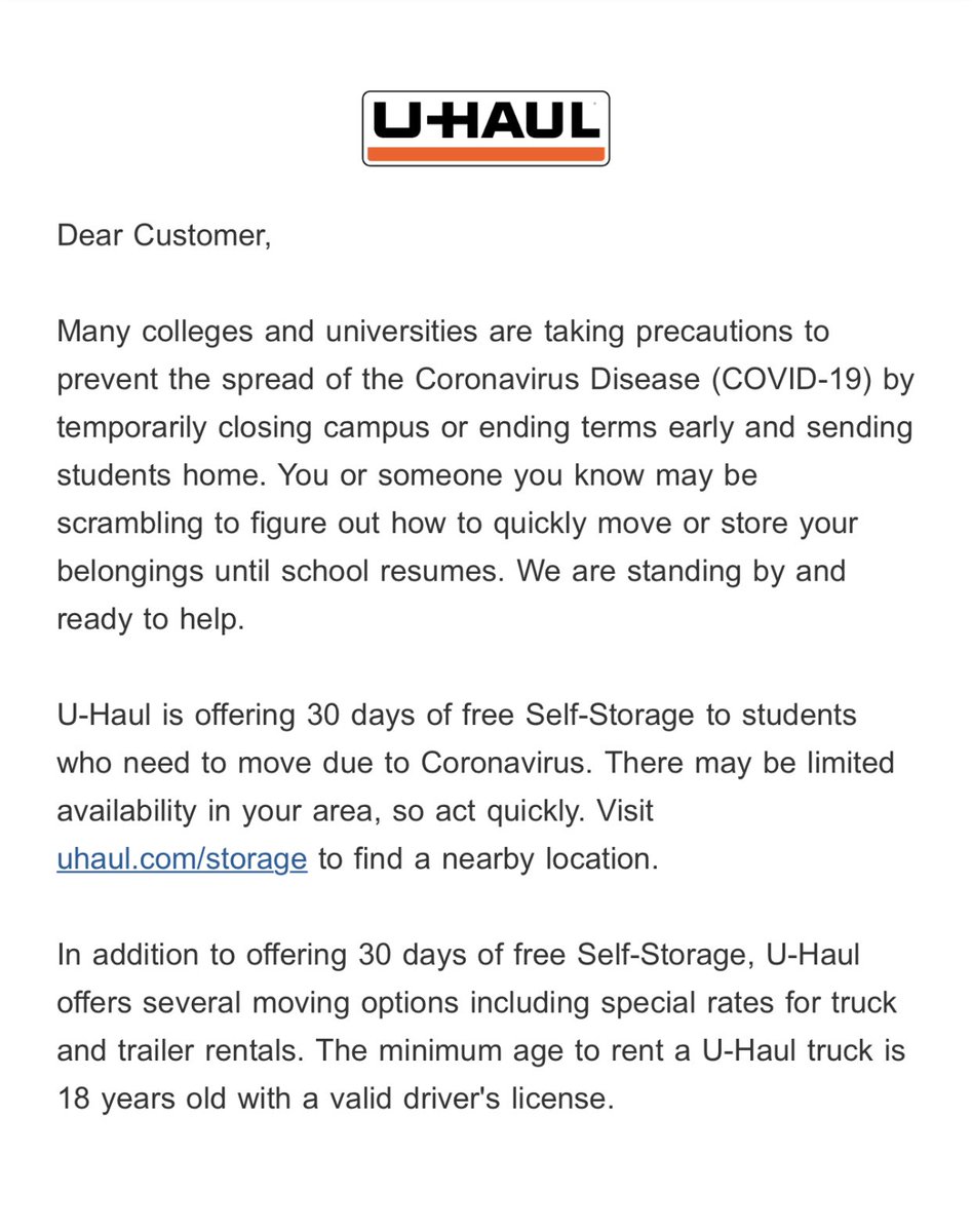 MartinAhliya's tweet photo. For anyone who needs this. @uhaul is offering 30days of free storage for students affected by school closers and discounted rentals. Stay sane ❤️ https://t.co/wGcJZUsMhL