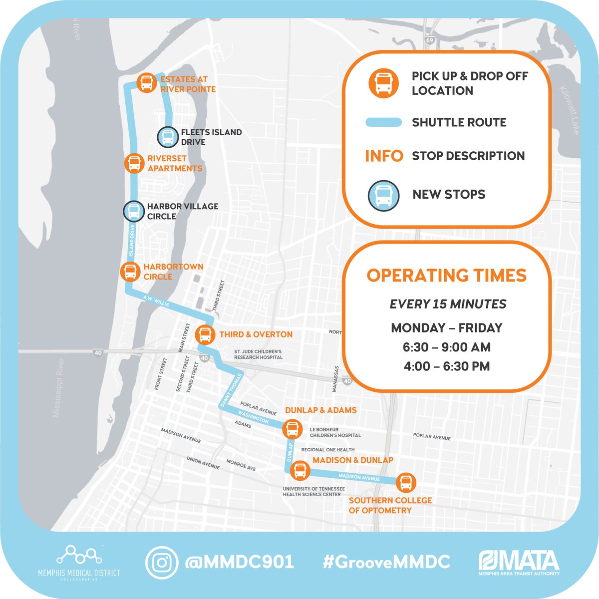 MMDC901's tweet photo. On March 16, the Groove Shuttle route will expand with two additional stops on Mud Island: Harbor Village Circle and Fleets Island Drive. Shuttles will still arrive every 15 minutes during service hours and are free for Medical District institution employees/students with IDs. https://t.co/kcpCXeyGdF
