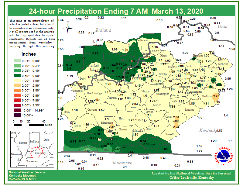 NWSLouisville's tweet photo. Rainfall totals from yesterday's system. Most places received around 1-2 inches of rain! #KYwx #INwx ⛈️☔ https://t.co/XIP8kHMBjD