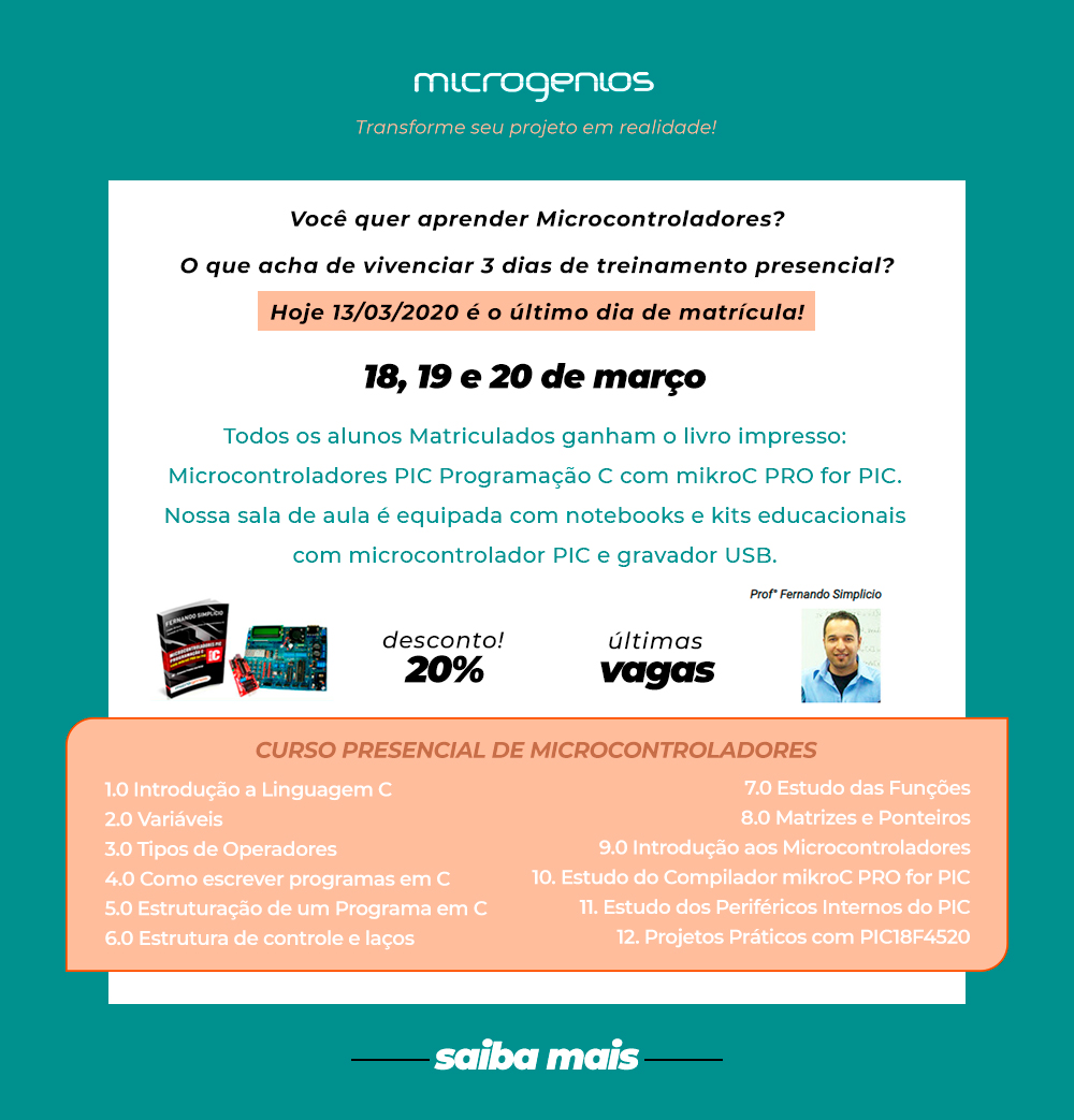 microgenios's tweet image. #MICROCONTROLADORES #PIC #PROGRAMAÇÃOC
Venha estudar com a gente! #MICROGENIOS
Click e saiba mais: loja.microgenios.com.br/produto/curso-…