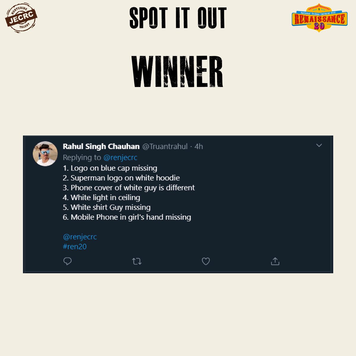 renjecrc's tweet photo. Congratulations to the winner of social media contest SPOT IT OUT  
@Truantrahul 
Stay tuned for the next post at 04:00 PM.
Mention your answers in comment section and win exciting prizes!
#ren20 https://t.co/8auTqqJNiA