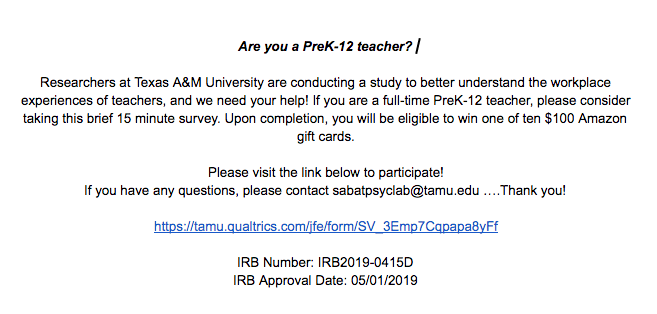 tamu_pridelab's tweet photo. calling all #k12 #teachers to participate in a research study! may be eligible to win an Amazon gift card! https://t.co/eCyAPOCD8y #lrnchat #ntchat #edchat #elemchat #engchat #matchchat #sschat #scichat https://t.co/LSrobg7gSz